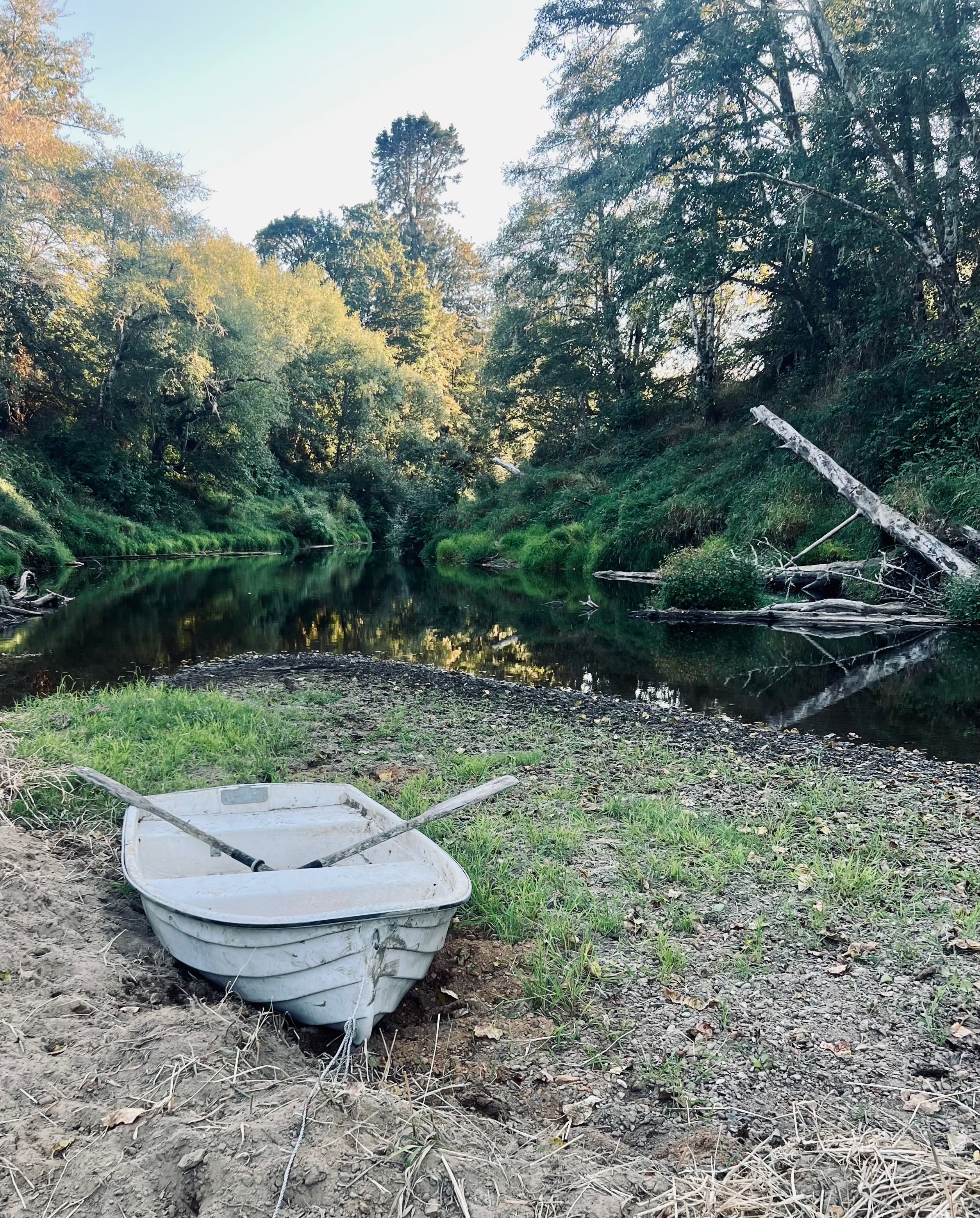 A weathered dinghy resting beside the Oregon coast.